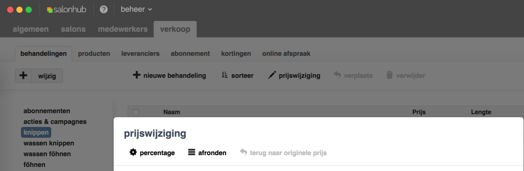 prijswijziging in salonhub