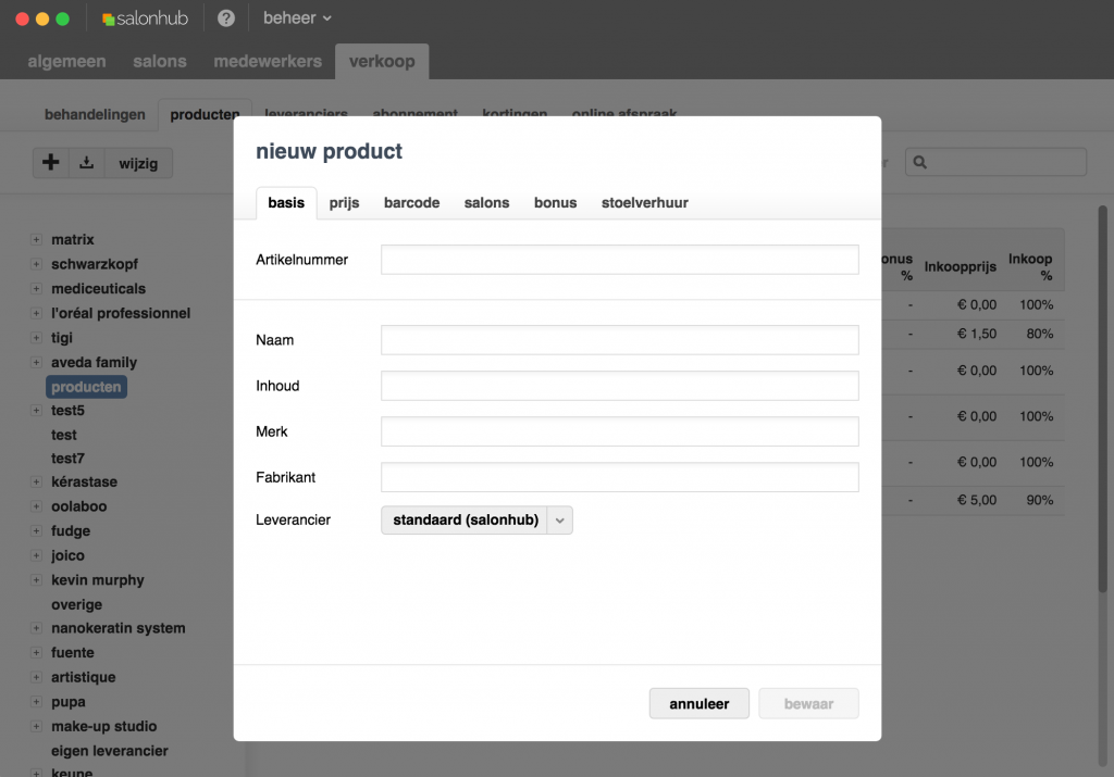 product toevoegen overzicht in salonhub