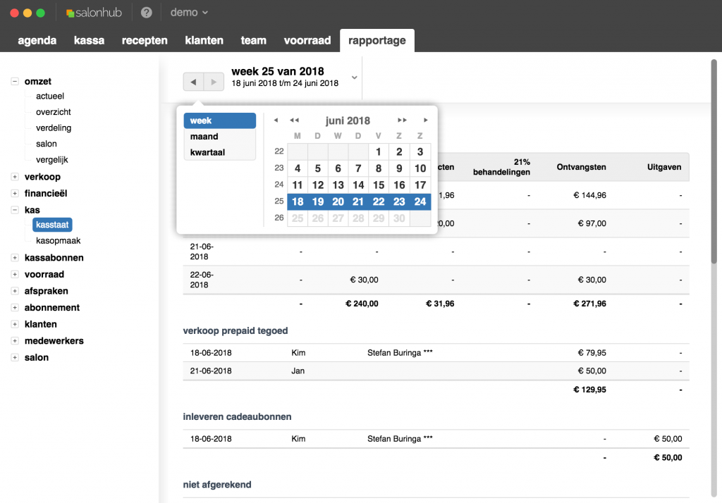 datum uitkiezen voor de rapportage met salonhub