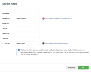 hoe je social media toevoegt in salonhub