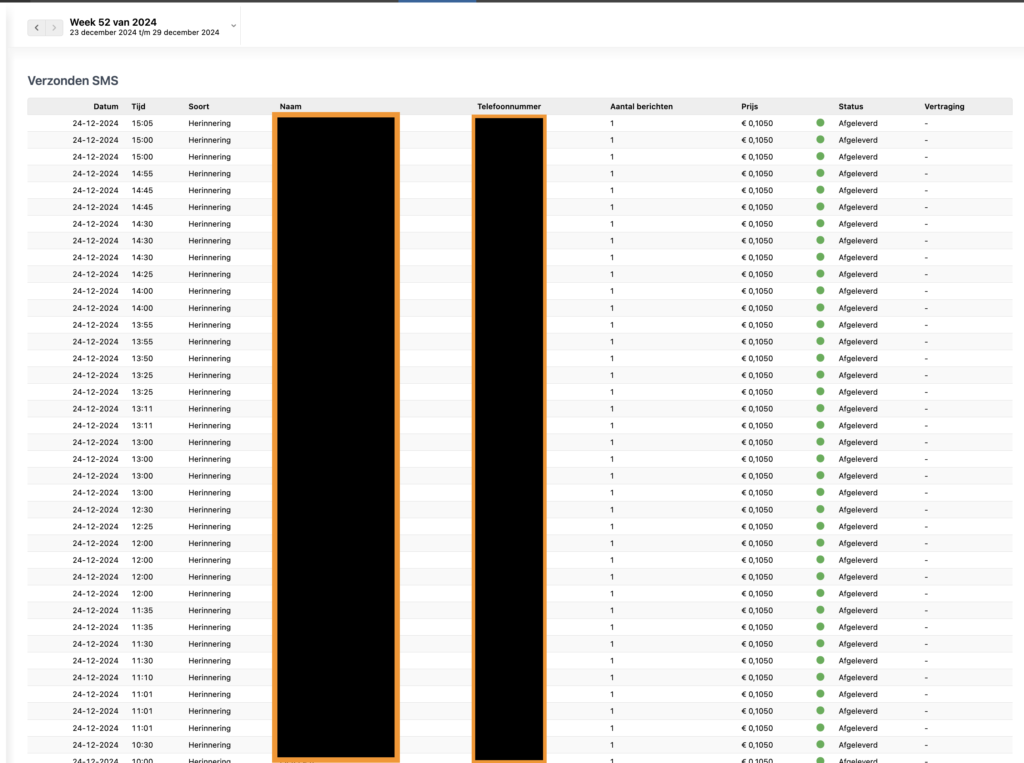 verzonden sms tabbel salonhub